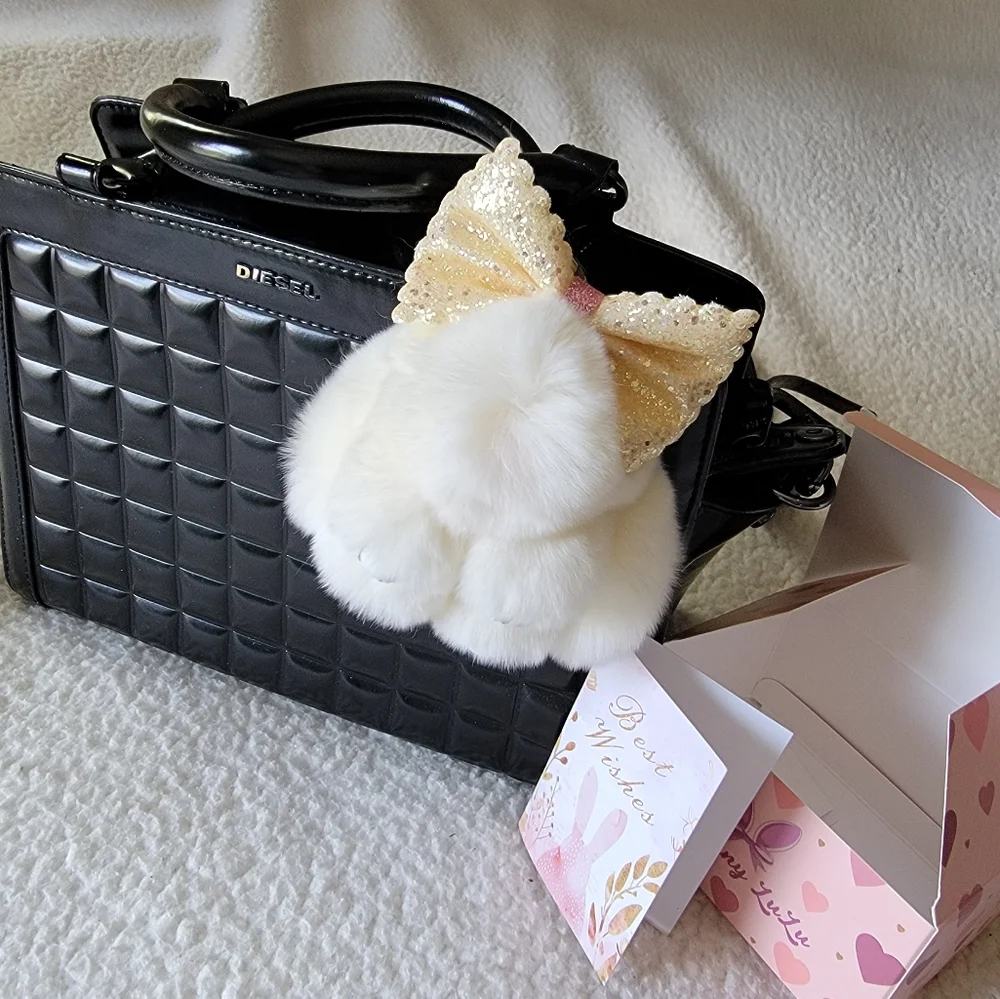 Fluffy Bunny Bag Charm Real Rabbit Fur - Picture 1 of 13